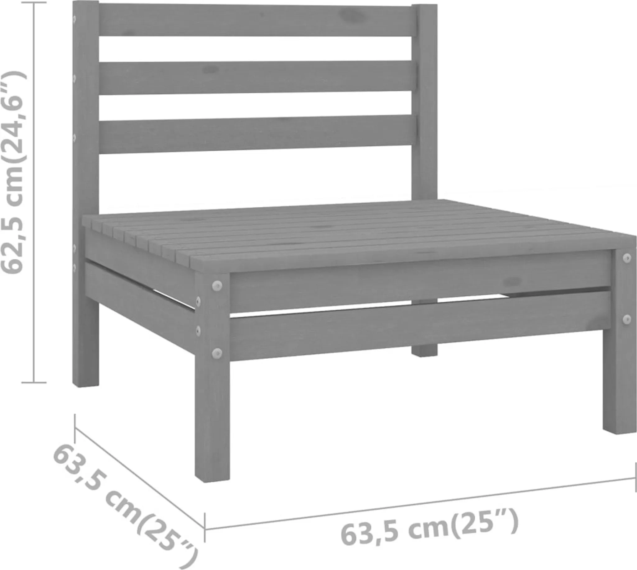 Garten-Mittelsofa aus massivem Kiefernholz – Grau – 63,5 × 63,5 × 62,5 cm