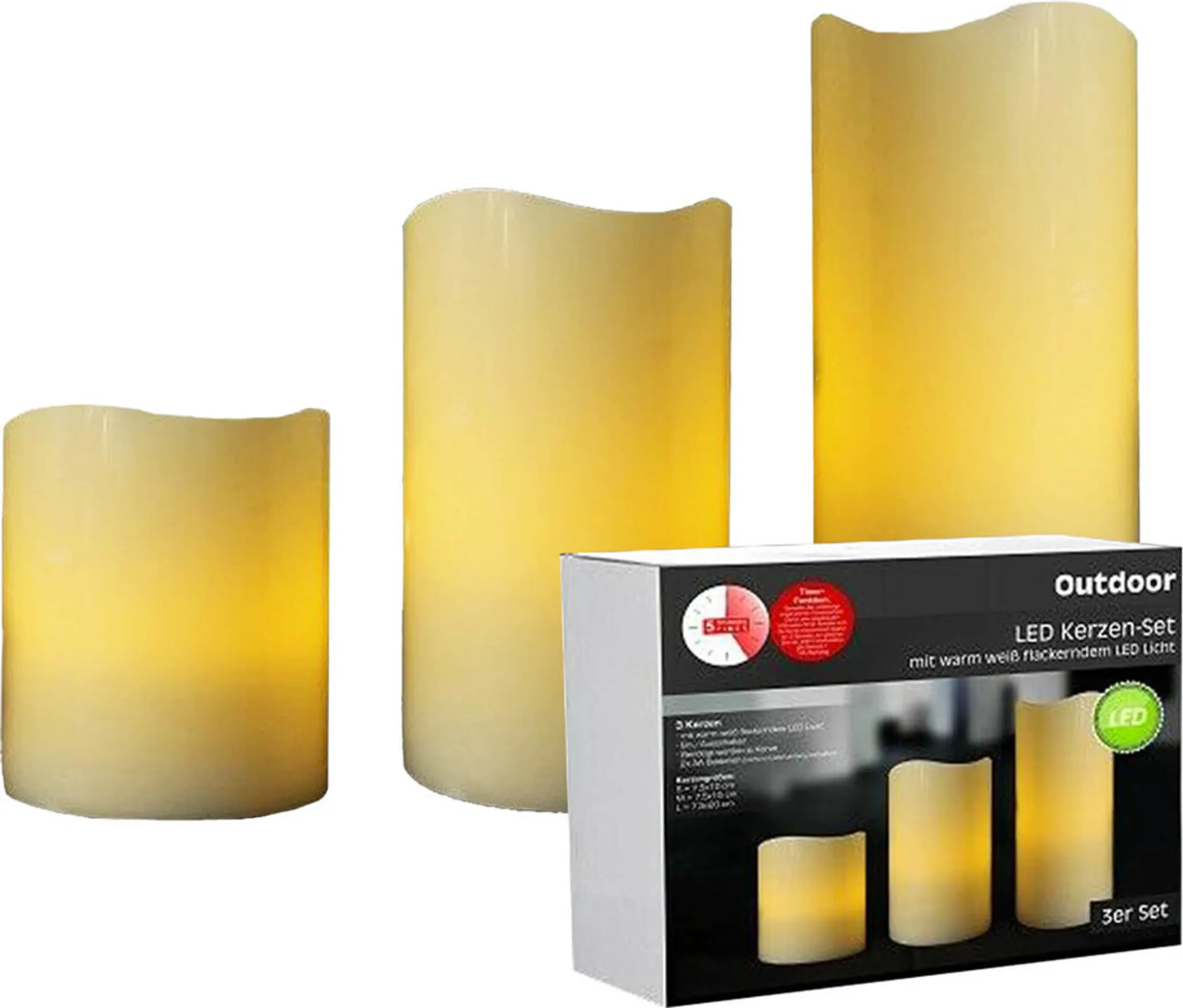Cepewa LED Kerzen 3er Set Outdoor – Elfenbeinfarben, flackernd, mit Timerfunktion