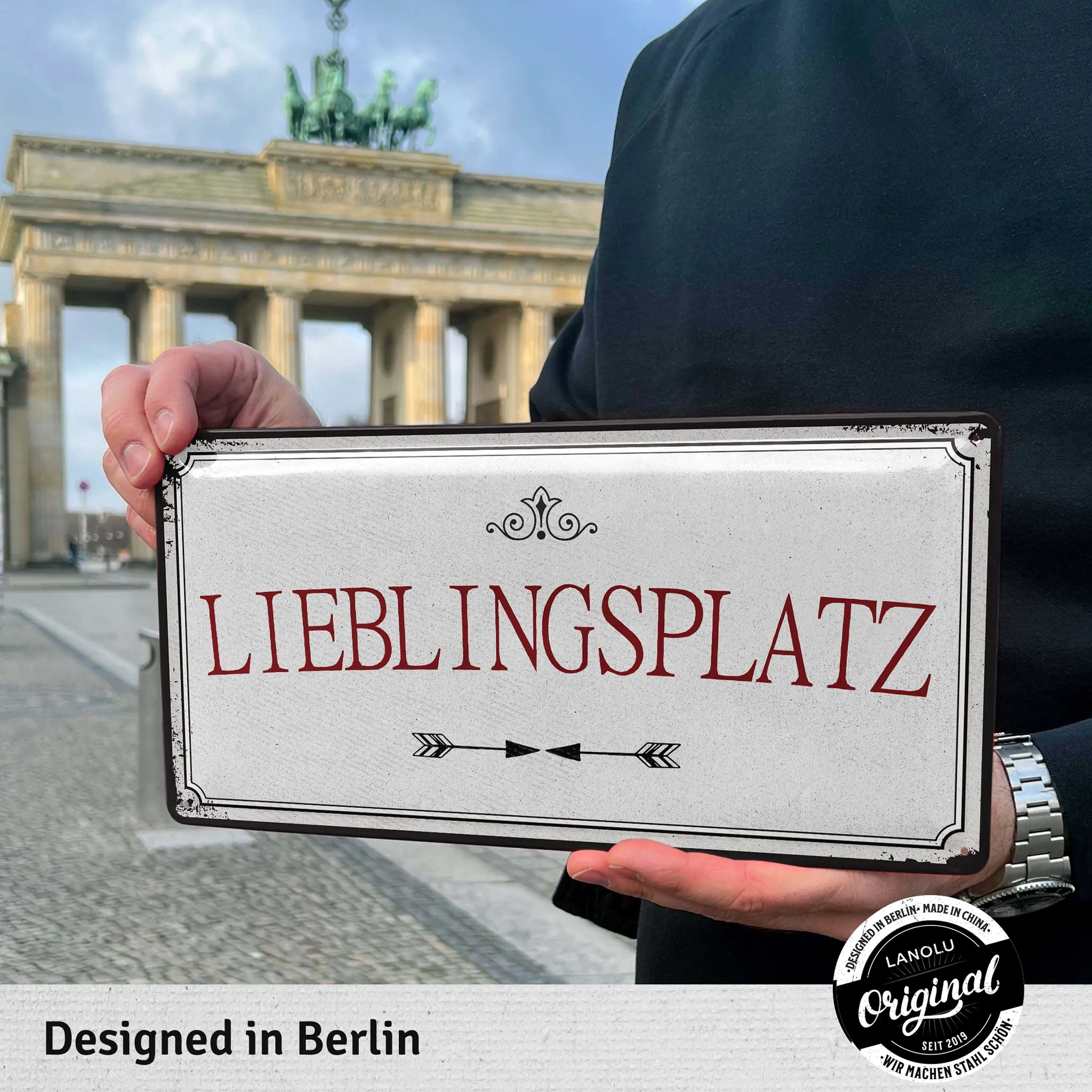 LANOLU Retro-Blechschild „Lieblingsplatz“ – Gartenschild im Vintage-Stil aus Stahlblech, 17×34 cm