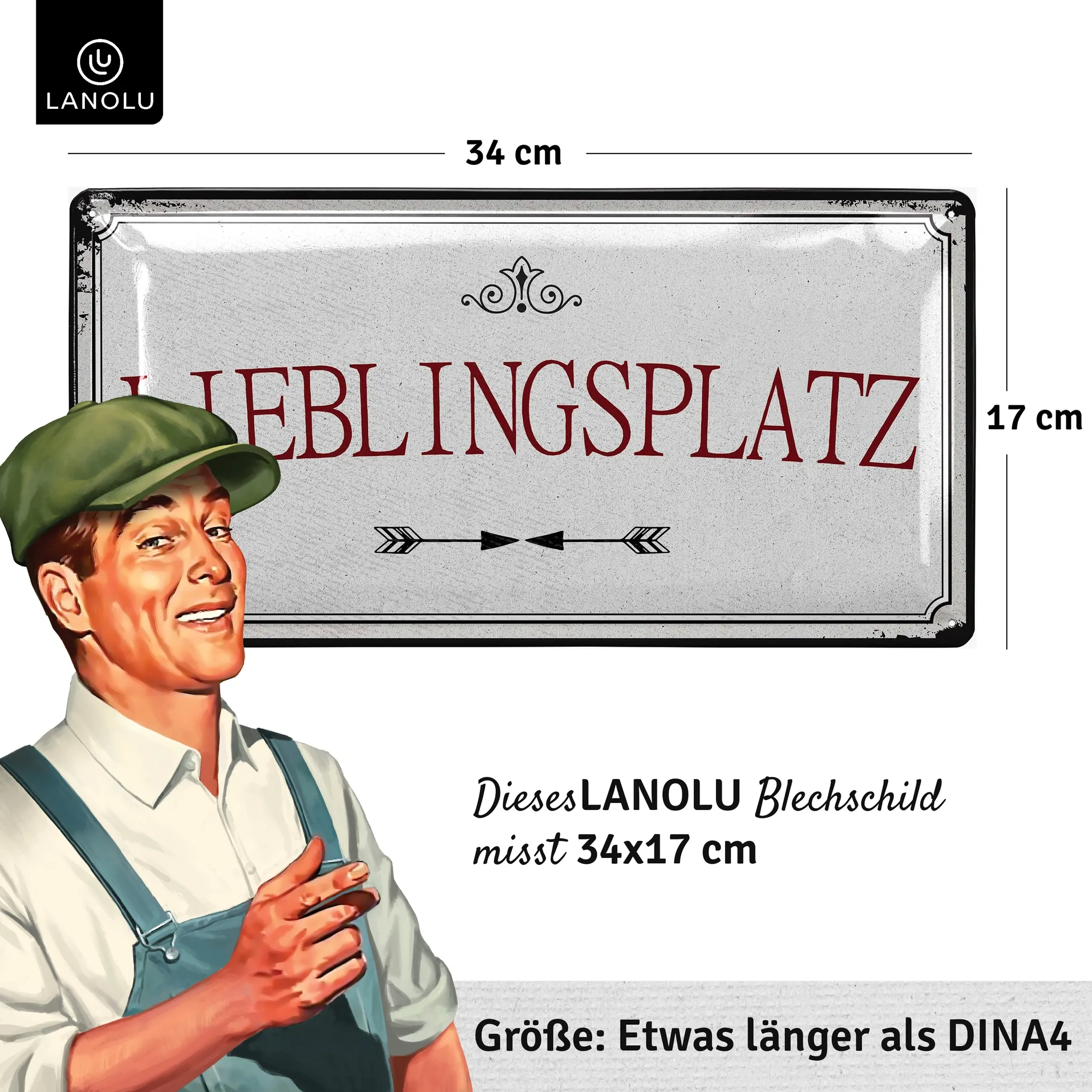 LANOLU Retro-Blechschild „Lieblingsplatz“ – Gartenschild im Vintage-Stil aus Stahlblech, 17×34 cm