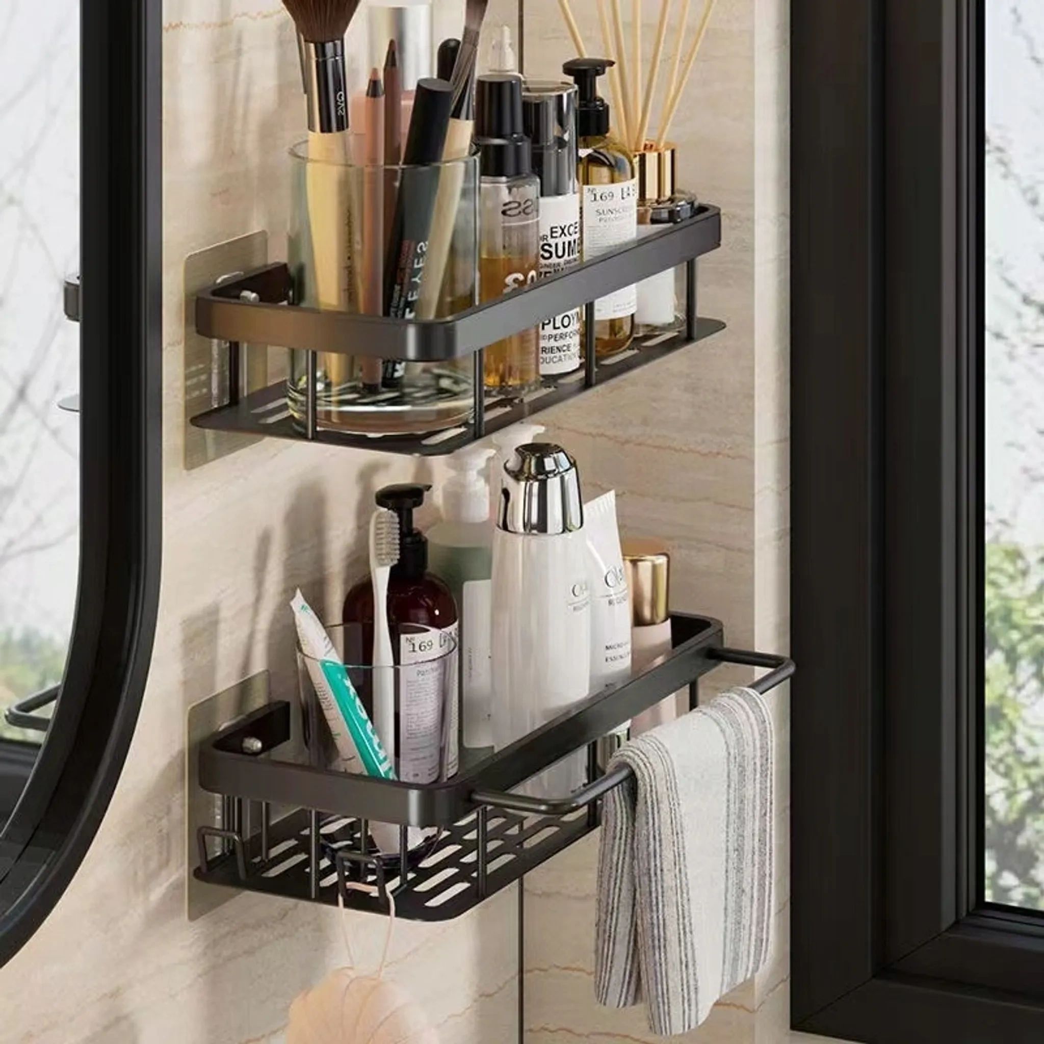 Badezimmer Hängeregal Schwarz – 2er Set Duschablagen aus Aluminium Badezimmer Hängeregal Schwarz – 2er Set Duschablagen aus Aluminium