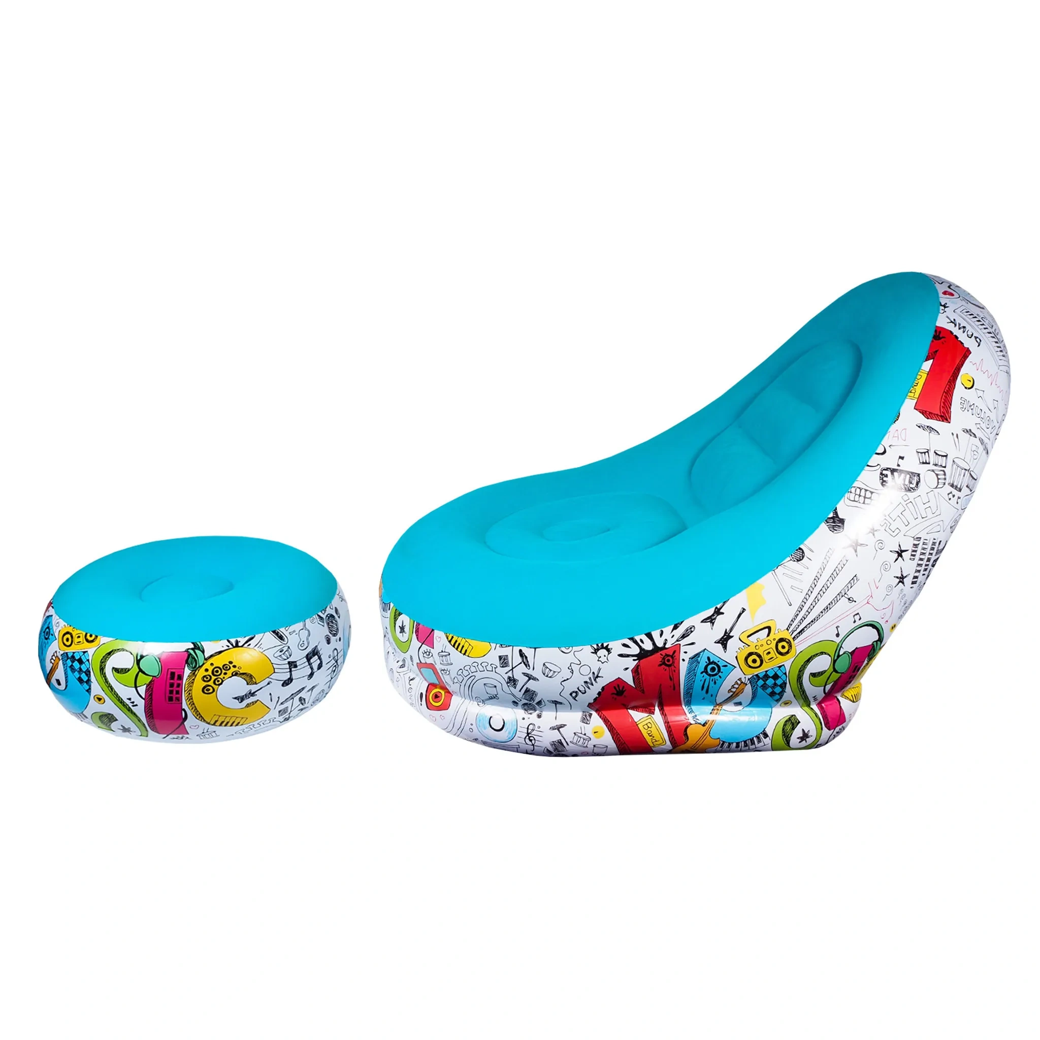 Aufblasbarer Sessel mit Fußstütze „DS2506“ – Veloursoptik, Blau, PVC, bis 120 kg