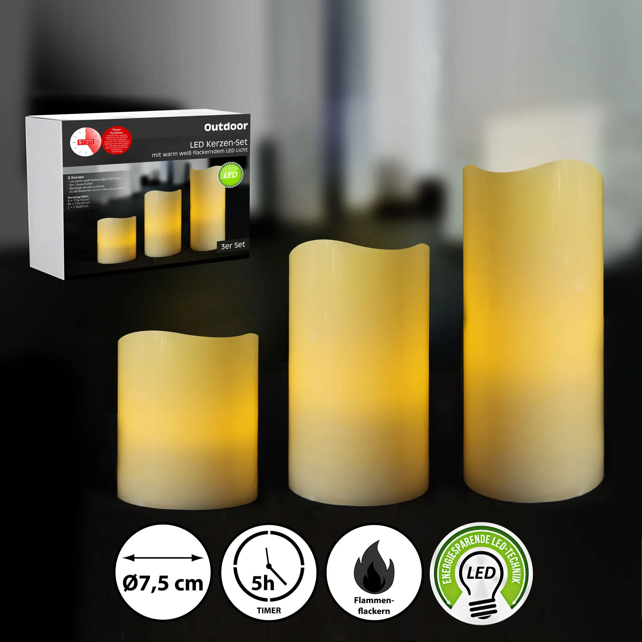 Cepewa LED Kerzen 3er Set Outdoor – Elfenbeinfarben, flackernd, mit Timerfunktion